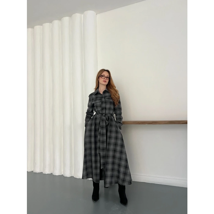 Bel Kuşaklı Ekose Uzun Gömlek Elbise Antrasit