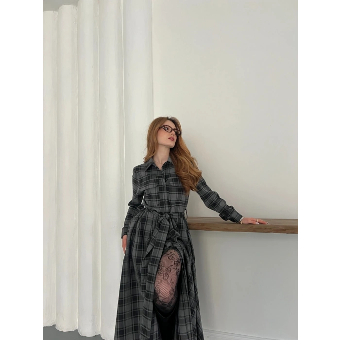Bel Kuşaklı Ekose Uzun Gömlek Elbise Antrasit