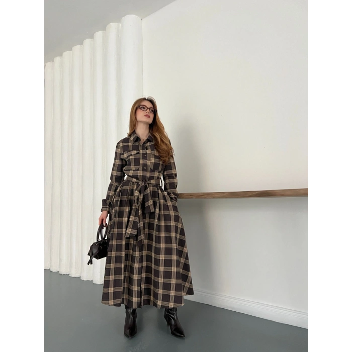 Bel Kuşaklı Ekose Uzun Gömlek Elbise Kahve