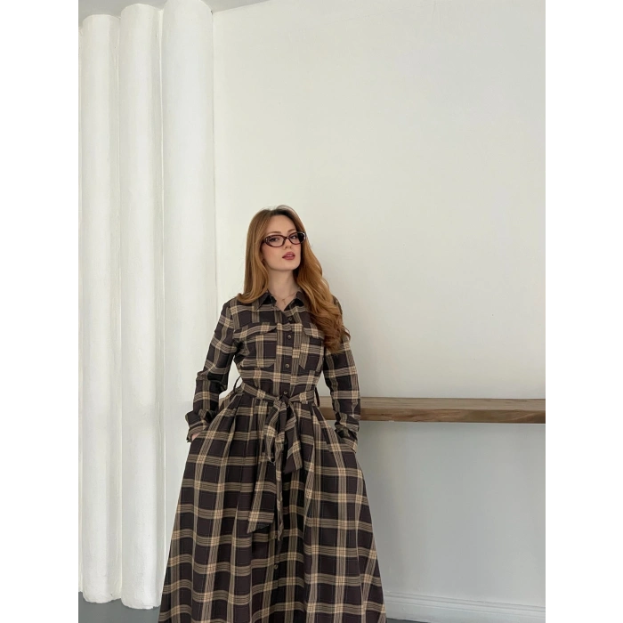 Bel Kuşaklı Ekose Uzun Gömlek Elbise Kahve