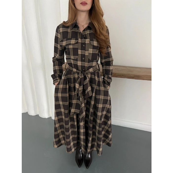 Bel Kuşaklı Ekose Uzun Gömlek Elbise Kahve