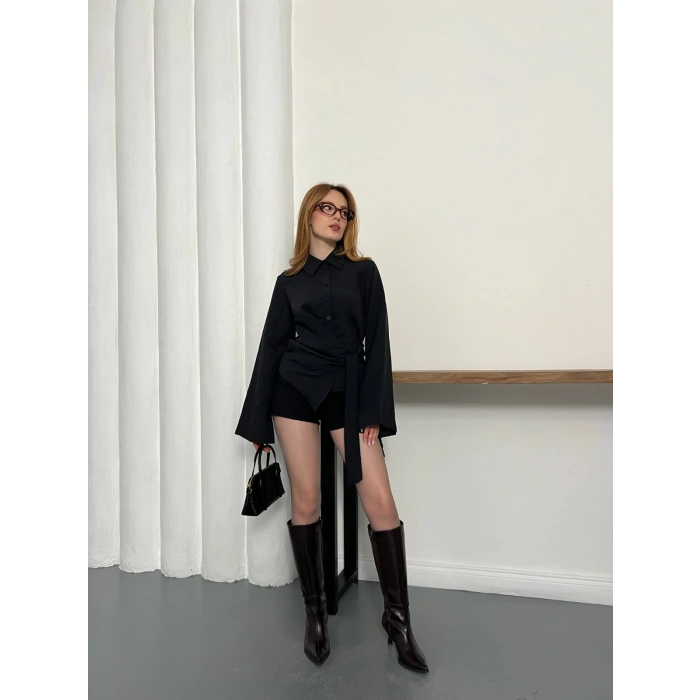 Yandan Bağlamalı İspanyol Kol Gömlek Siyah