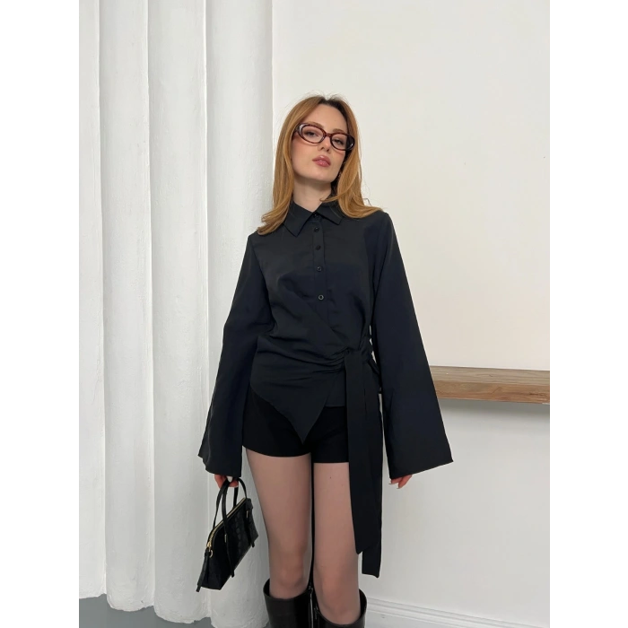 Yandan Bağlamalı İspanyol Kol Gömlek Siyah