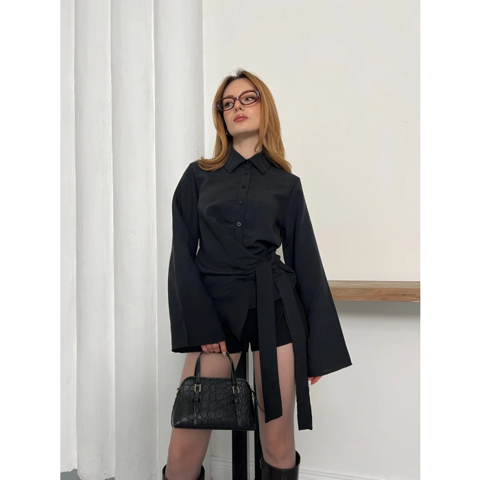 Yandan Bağlamalı İspanyol Kol Gömlek Siyah