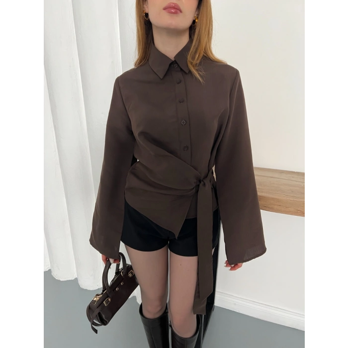 Yandan Bağlamalı İspanyol Kol Gömlek Kahve