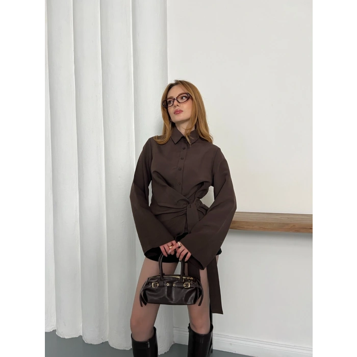 Yandan Bağlamalı İspanyol Kol Gömlek Kahve