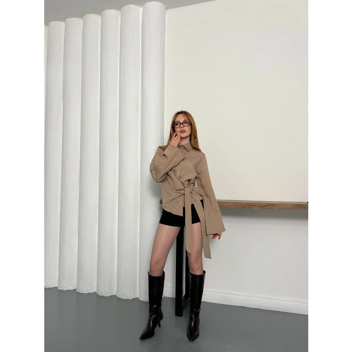 Yandan Bağlamalı İspanyol Kol Gömlek Bej