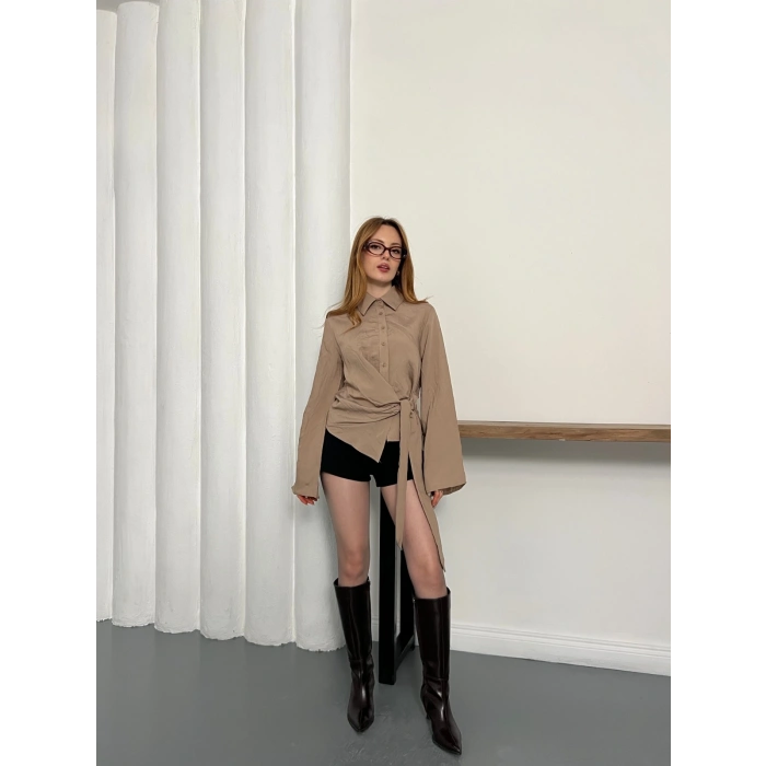 Yandan Bağlamalı İspanyol Kol Gömlek Bej