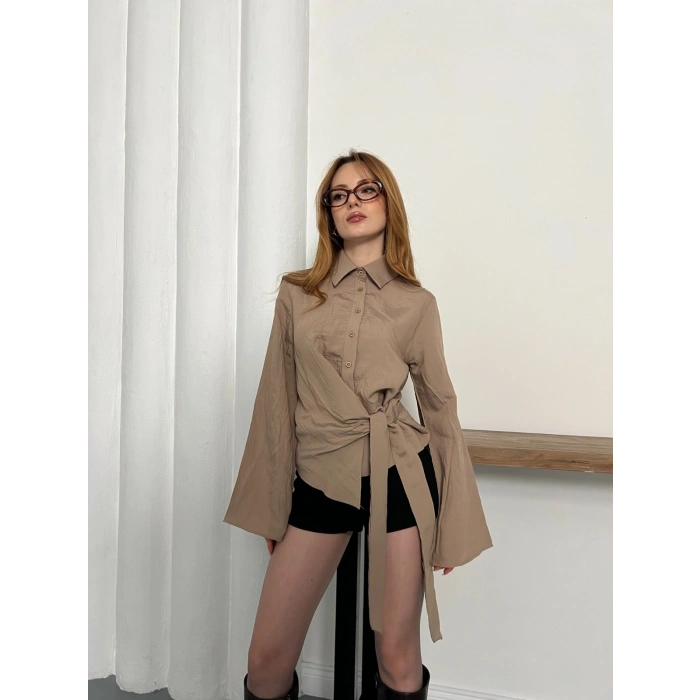 Yandan Bağlamalı İspanyol Kol Gömlek Bej