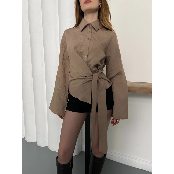 Yandan Bağlamalı İspanyol Kol Gömlek Bej