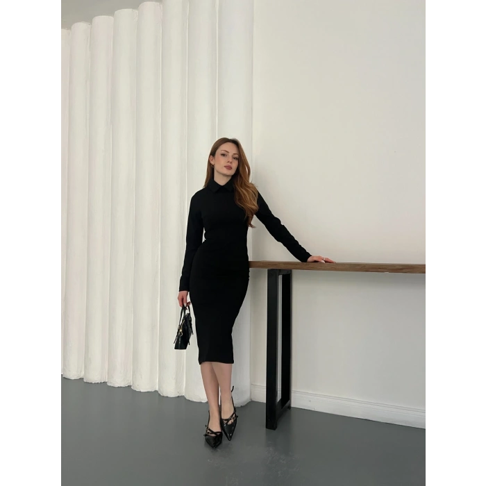 Bebe Yaka Uzun Kol Düğme Detaylı Elbise Siyah