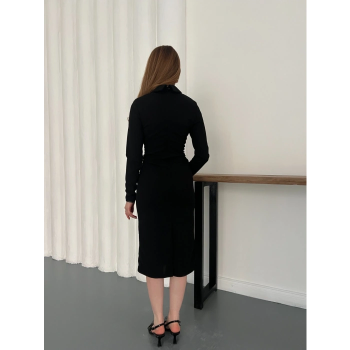 Bebe Yaka Uzun Kol Düğme Detaylı Elbise Siyah