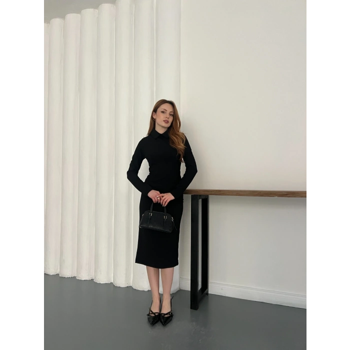 Bebe Yaka Uzun Kol Düğme Detaylı Elbise Siyah