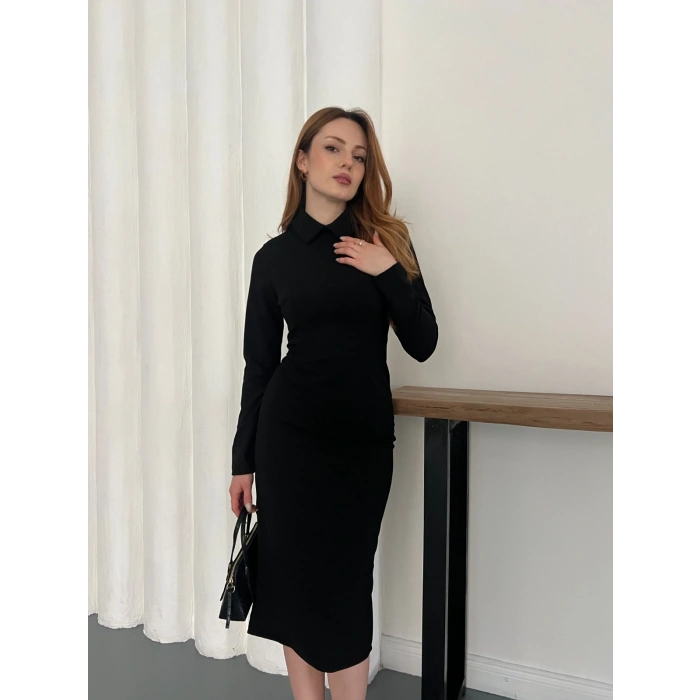 Bebe Yaka Uzun Kol Düğme Detaylı Elbise Kahve