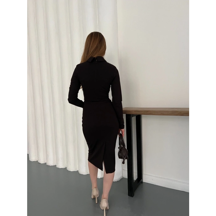 Bebe Yaka Uzun Kol Düğme Detaylı Elbise Kahve