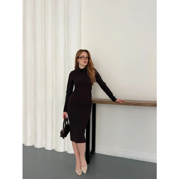 Bebe Yaka Uzun Kol Düğme Detaylı Elbise Kahve