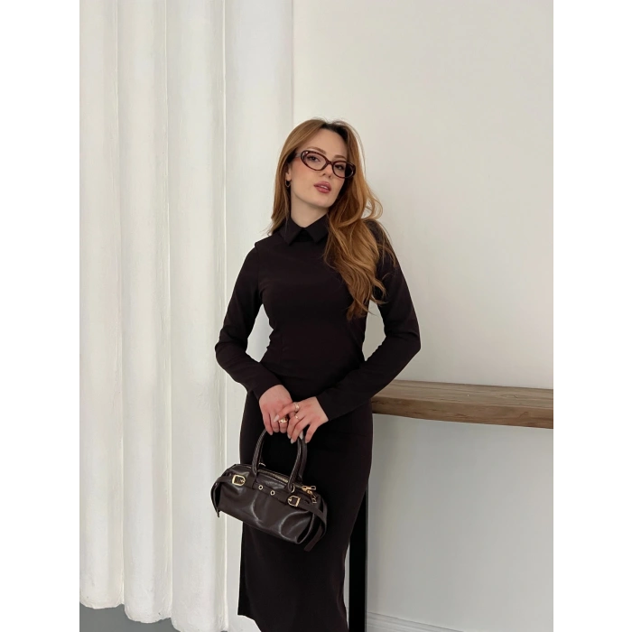 Bebe Yaka Uzun Kol Düğme Detaylı Elbise Kahve