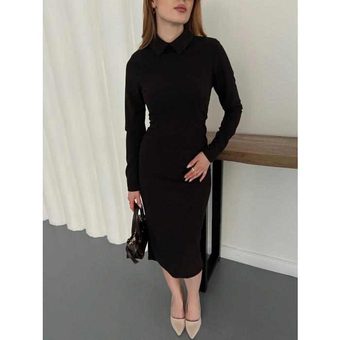 Bebe Yaka Uzun Kol Düğme Detaylı Elbise Kahve