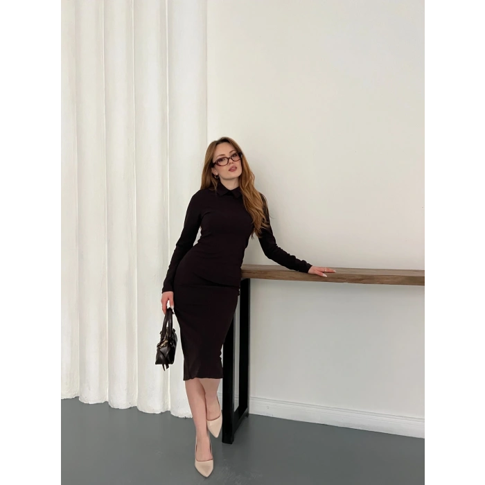 Bebe Yaka Uzun Kol Düğme Detaylı Elbise Kahve