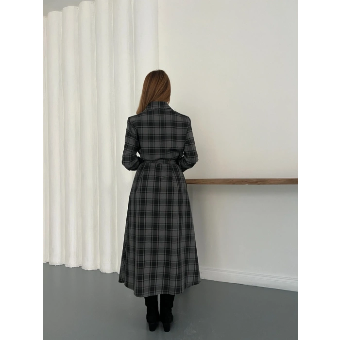 Ekose Belden Bağlamalı Gömlek Elbise Antrasit