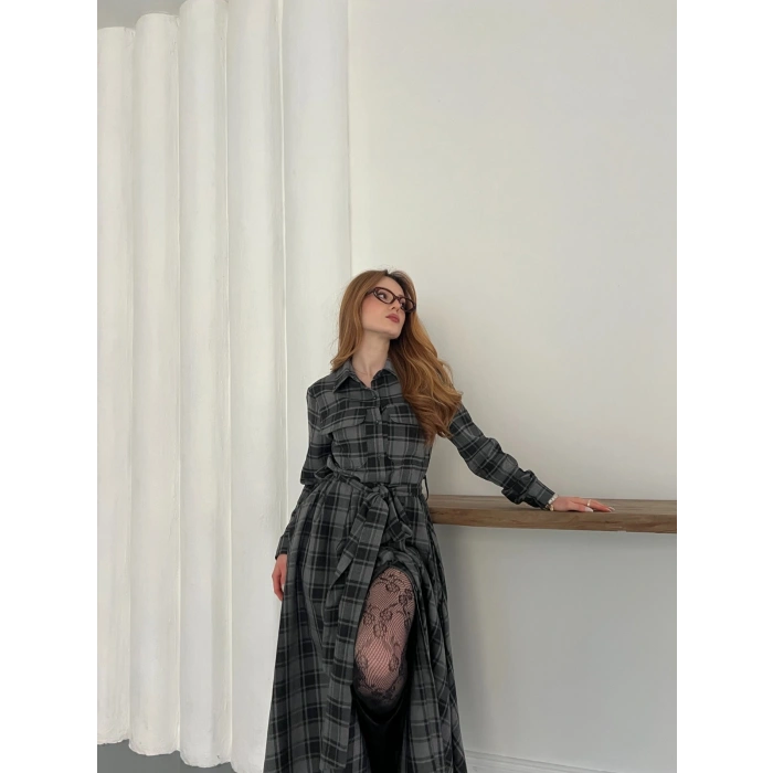 Ekose Belden Bağlamalı Gömlek Elbise Antrasit