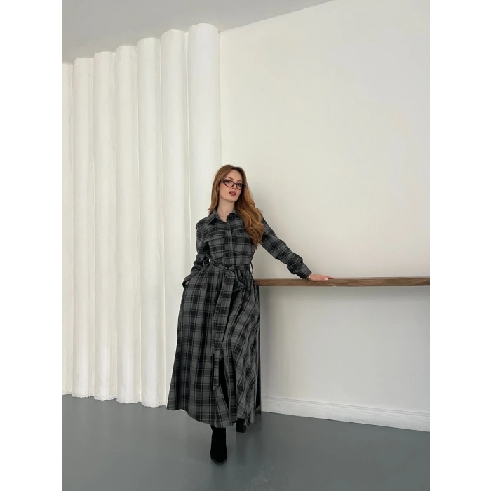 Ekose Belden Bağlamalı Gömlek Elbise Antrasit