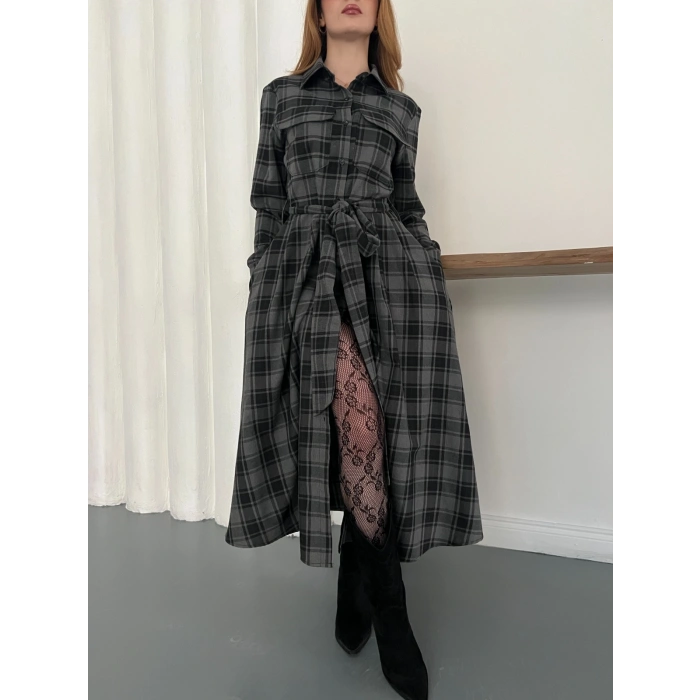 Ekose Belden Bağlamalı Gömlek Elbise Antrasit