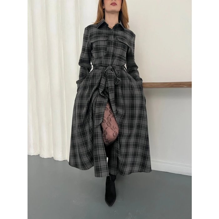 Ekose Belden Bağlamalı Gömlek Elbise Antrasit