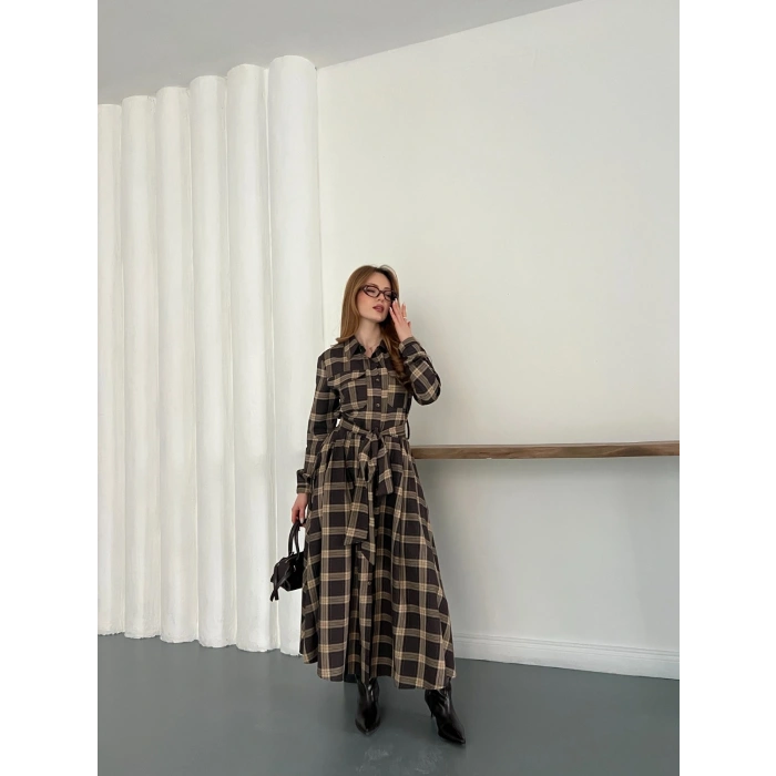 Ekose Belden Bağlamalı Gömlek Elbise Kahve