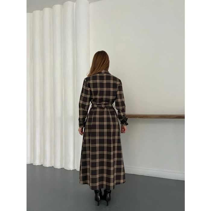 Ekose Belden Bağlamalı Gömlek Elbise Kahve