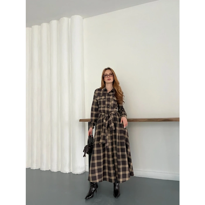 Ekose Belden Bağlamalı Gömlek Elbise Kahve