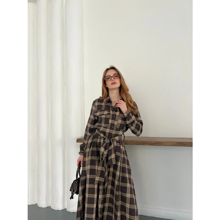 Ekose Belden Bağlamalı Gömlek Elbise Kahve