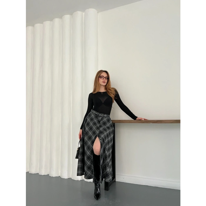 Ekose Kemerli Düğme Detaylı Etek Antrasit