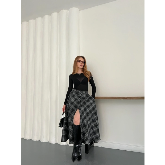 Ekose Kemerli Düğme Detaylı Etek Antrasit