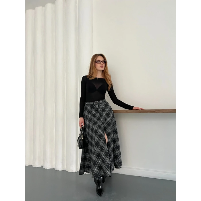 Ekose Kemerli Düğme Detaylı Etek Antrasit