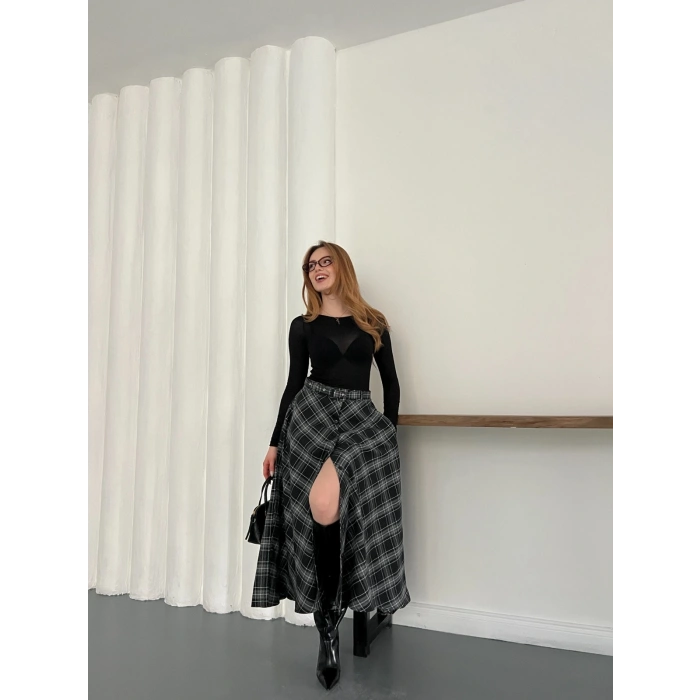 Ekose Kemerli Düğme Detaylı Etek Antrasit