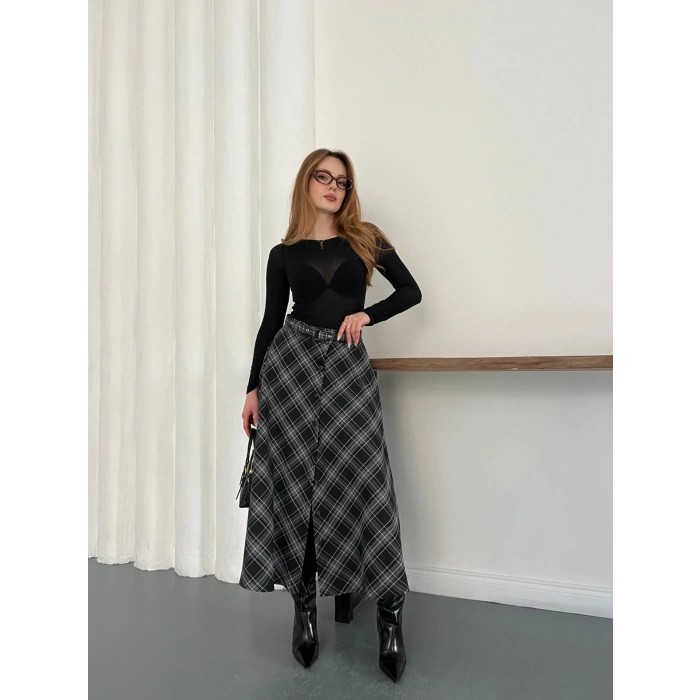 Ekose Kemerli Düğme Detaylı Etek Antrasit