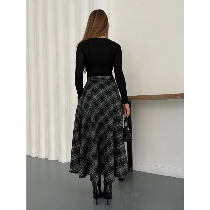 Ekose Kemerli Düğme Detaylı Etek Antrasit