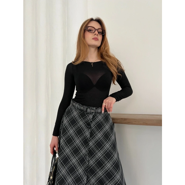 Ekose Kemerli Düğme Detaylı Etek Antrasit