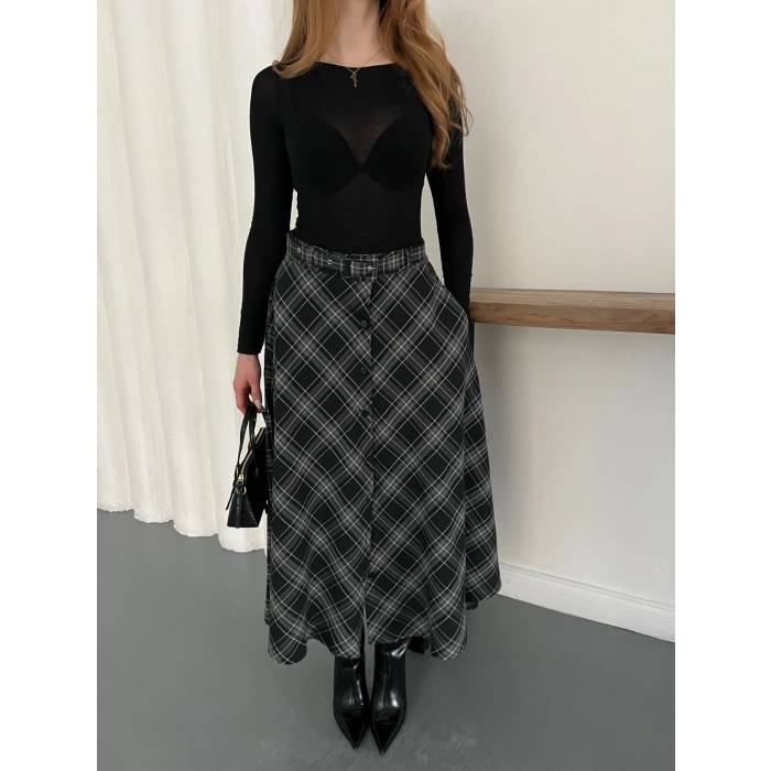 Ekose Kemerli Düğme Detaylı Etek Antrasit