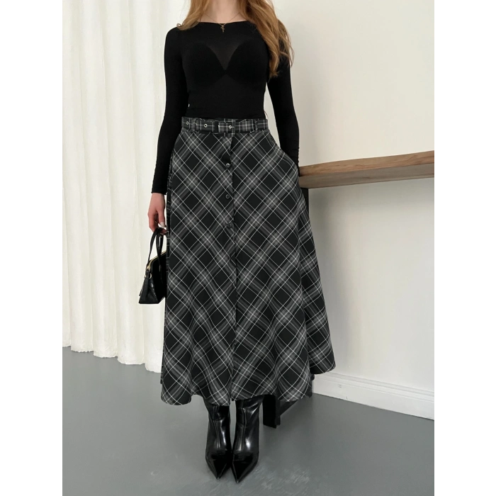 Ekose Kemerli Düğme Detaylı Etek Antrasit