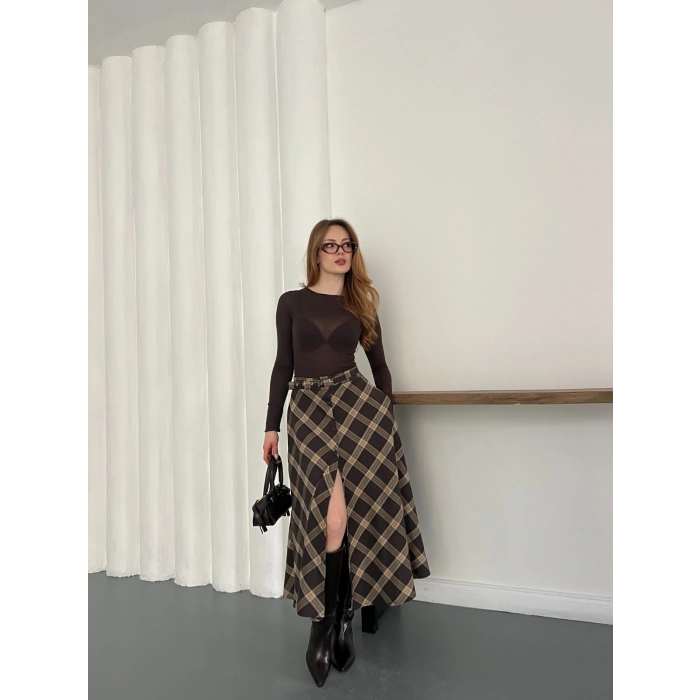 Ekose Kemerli Düğme Detaylı Etek Kahve