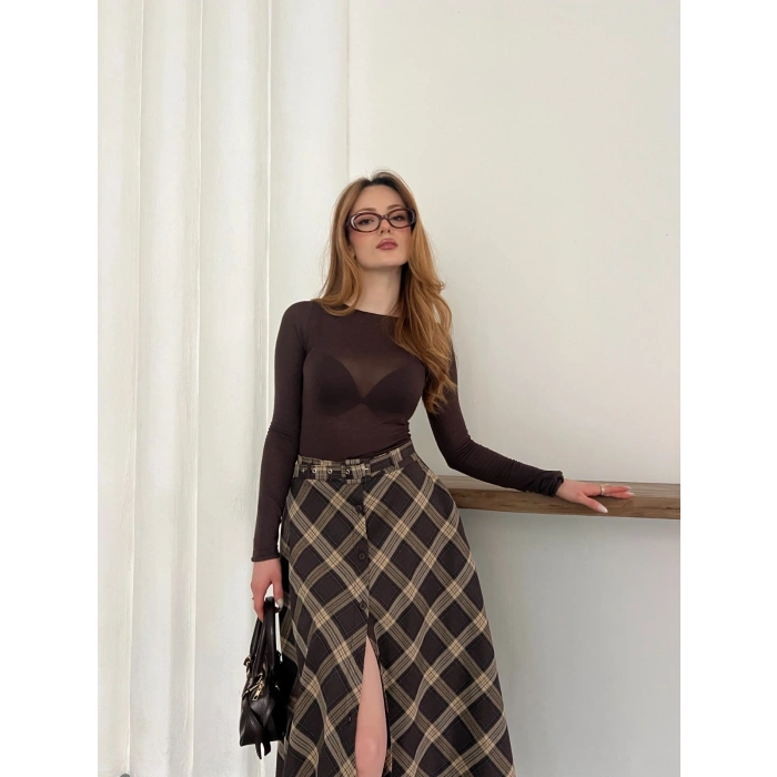 Ekose Kemerli Düğme Detaylı Etek Kahve