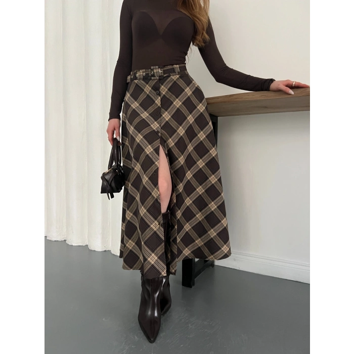 Ekose Kemerli Düğme Detaylı Etek Kahve