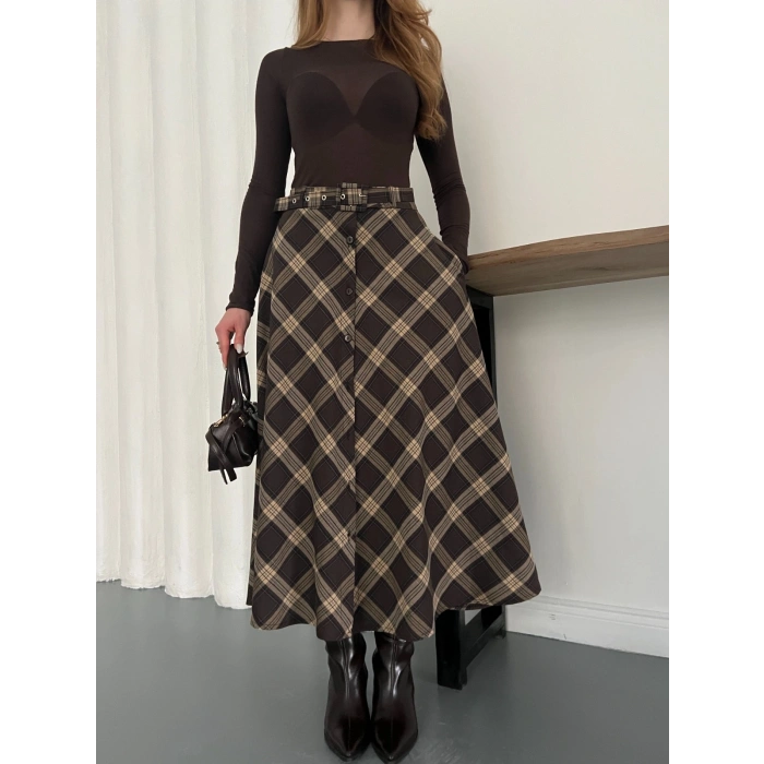 Ekose Kemerli Düğme Detaylı Etek Kahve