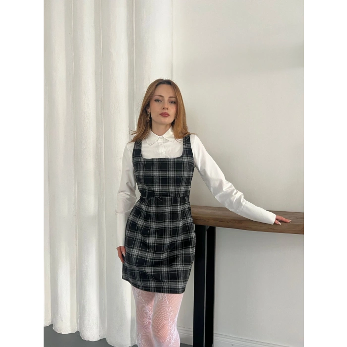 Ekose Gömlekli Jile Elbise Siyah