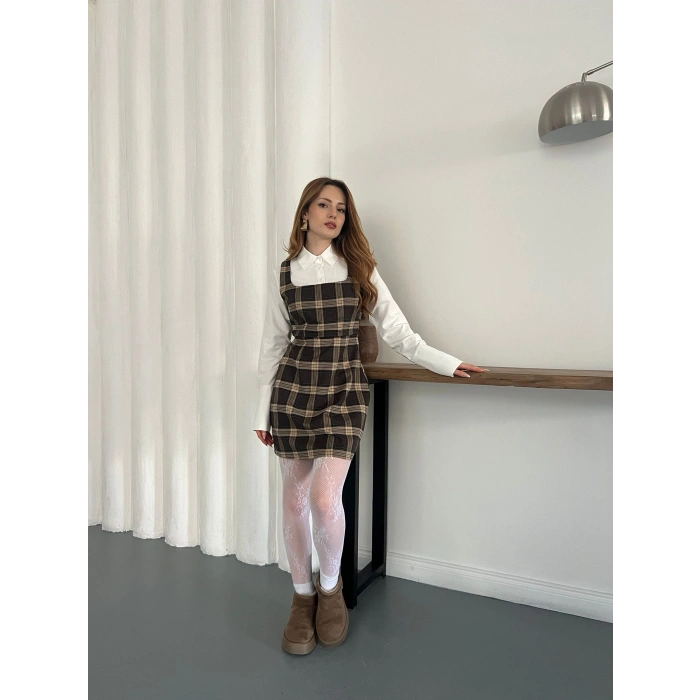 Ekose Gömlekli Jile Elbise Kahve