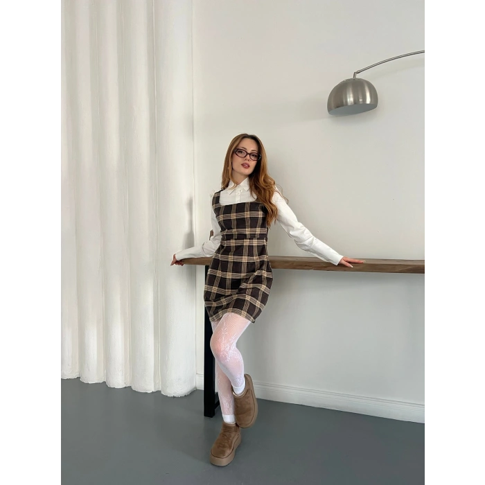 Ekose Gömlekli Jile Elbise Kahve