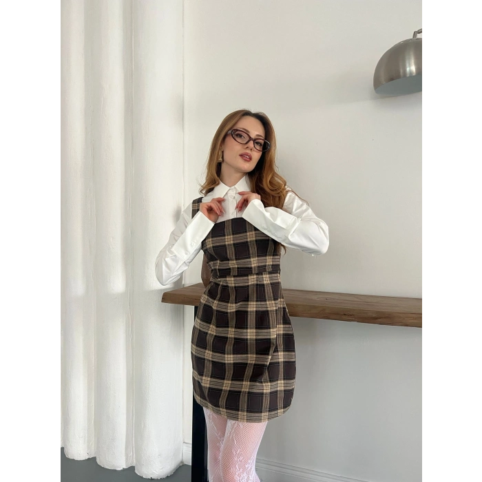 Ekose Gömlekli Jile Elbise Kahve