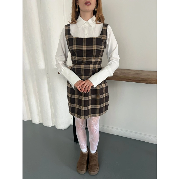 Ekose Gömlekli Jile Elbise Kahve